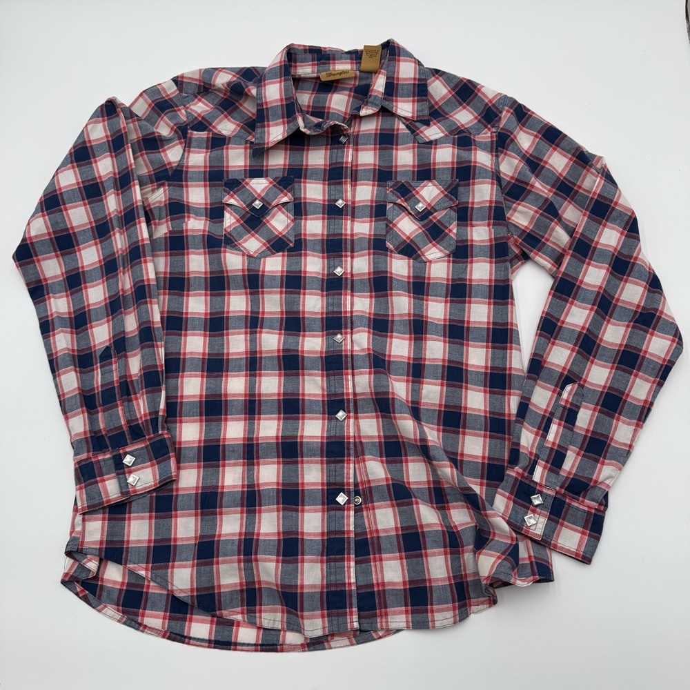 Wrangler Men’s Large Western Diamond Pearl Snap Long Sleeve Shirt Plaid Rodeo